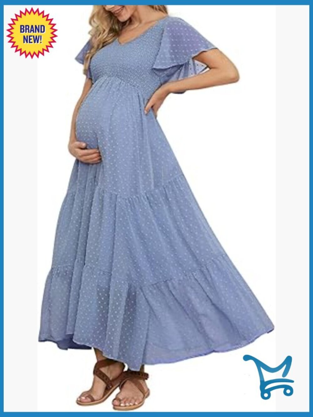 Swiss Dot Smocked Maternity Dress V Neck Ruffle Sleeve Empire Waist Boho